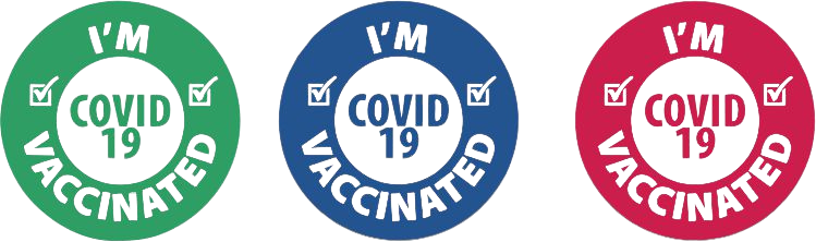 Green, blue, and red circular stickers stating “I’m COVID-19 Vaccinated” with checkmarks to display pandemic safety standards and precautions.
